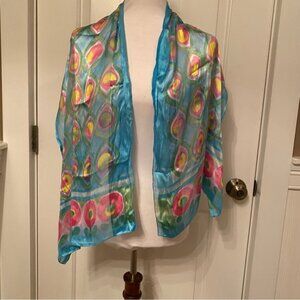 D’ESTE SCARF SILK ITALY BLUE PINK YELLOW GREEN FLORAL LONG RECTANGLE